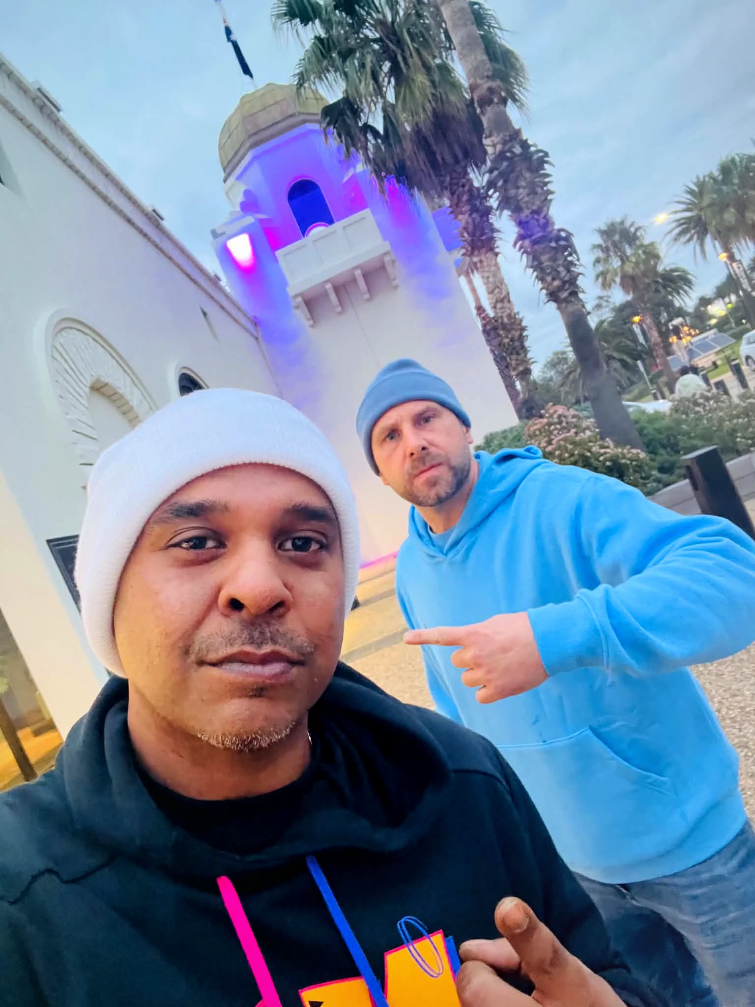 Dash and Wiz at dusk outside St Kilda Sea Baths in Melbourne