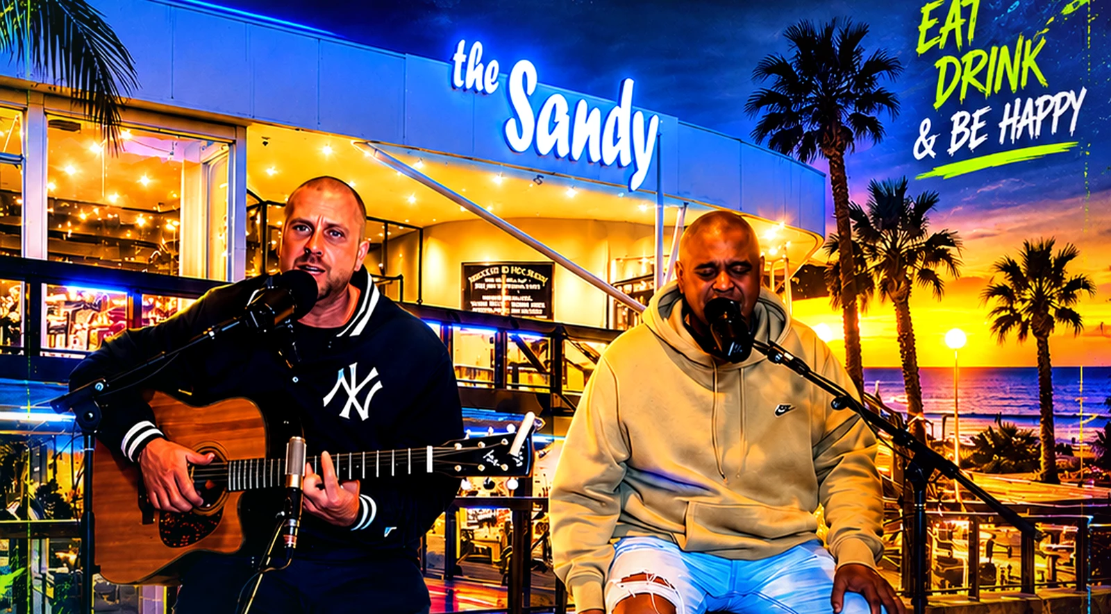 Wiz and Dash performing live at The Sandy St Kilda Beach at sunset